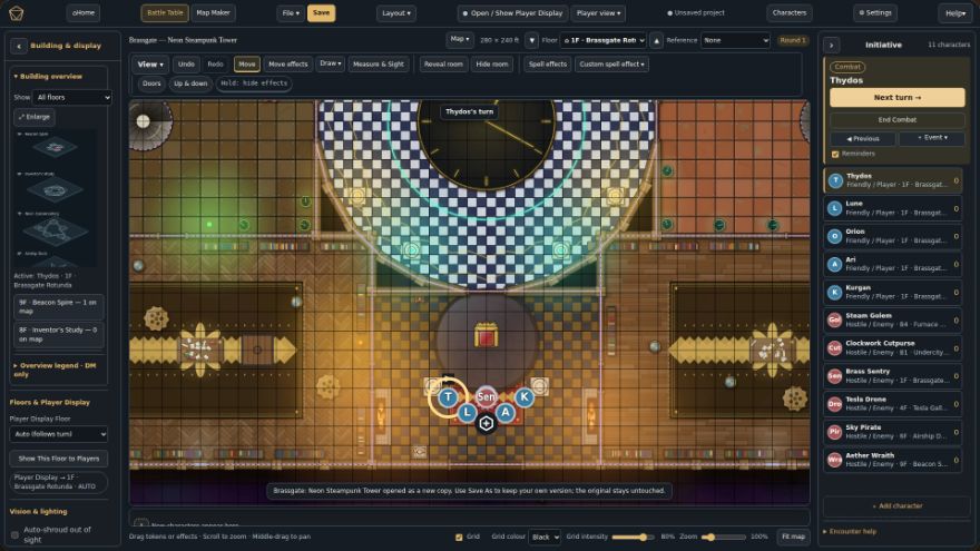 The Cartosmith DM screen mid-encounter in a steampunk tower: a lit battle map in the centre, floor tools on the left, and an initiative list of friendly and hostile creatures on the right.