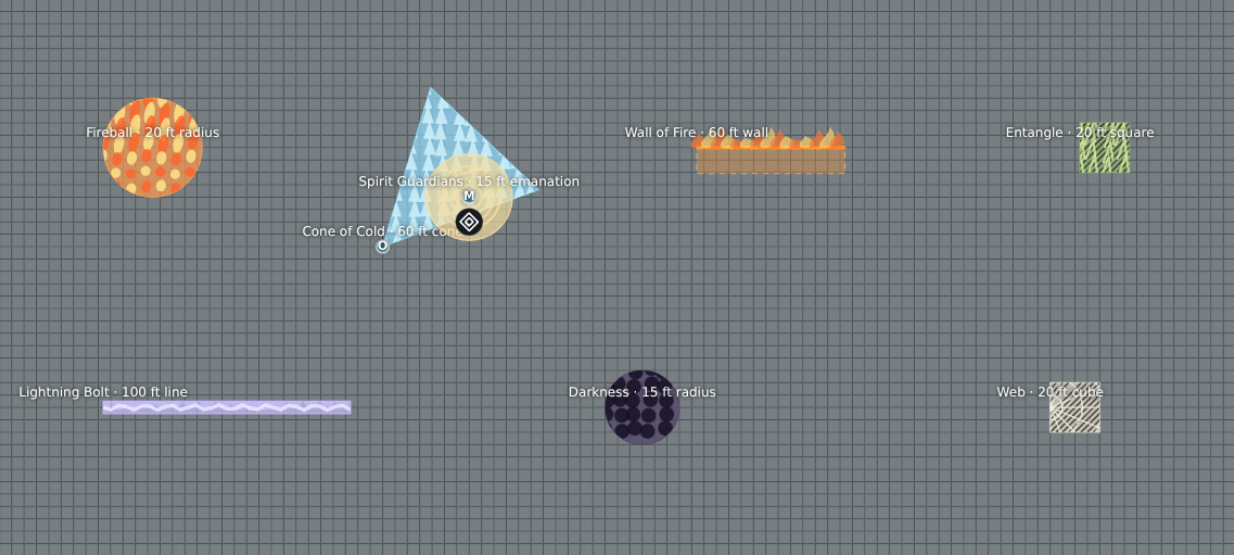 Eight spell templates on a grid: Fireball, Cone of Cold, Spirit Guardians, Wall of Fire, Entangle, Lightning Bolt, Darkness and Web, each drawn with its own texture and labeled with its size.