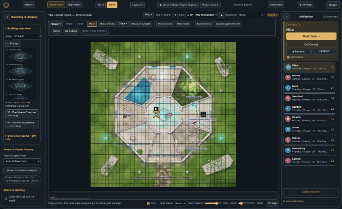 Cartosmith showing the ground floor of a five-floor tower, with the building overview on the left and the initiative list on the right.