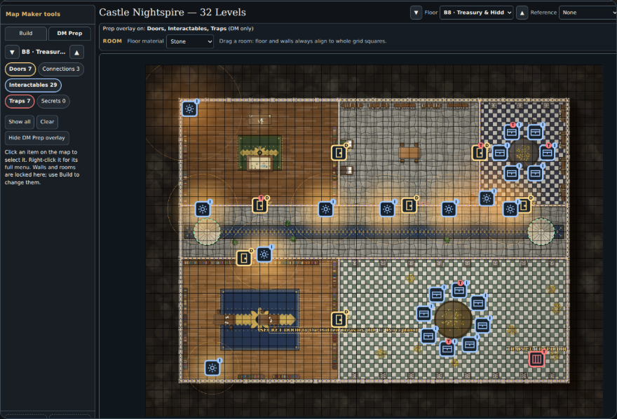The DM Prep overlay on a castle treasury map. Doors and chests carry colored markers showing which are trapped, locked, safe or ordinary.