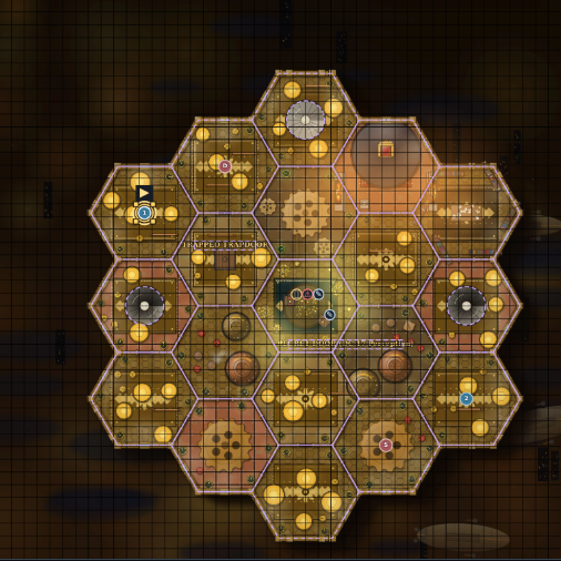 The complete encounter on a honeycomb of hexagonal clockwork rooms, as the DM sees it, with every room and token visible.