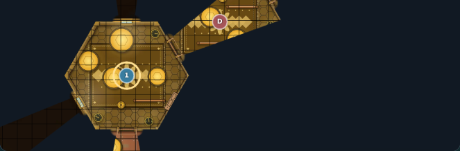 Player 1's view: only the hexagonal room Mira stands in and a slice of the next room are visible. Everything else is dark.