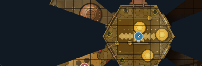 Player 2's view: Rowan's room and the lines of sight through its doors and windows are visible. Everything else is dark.